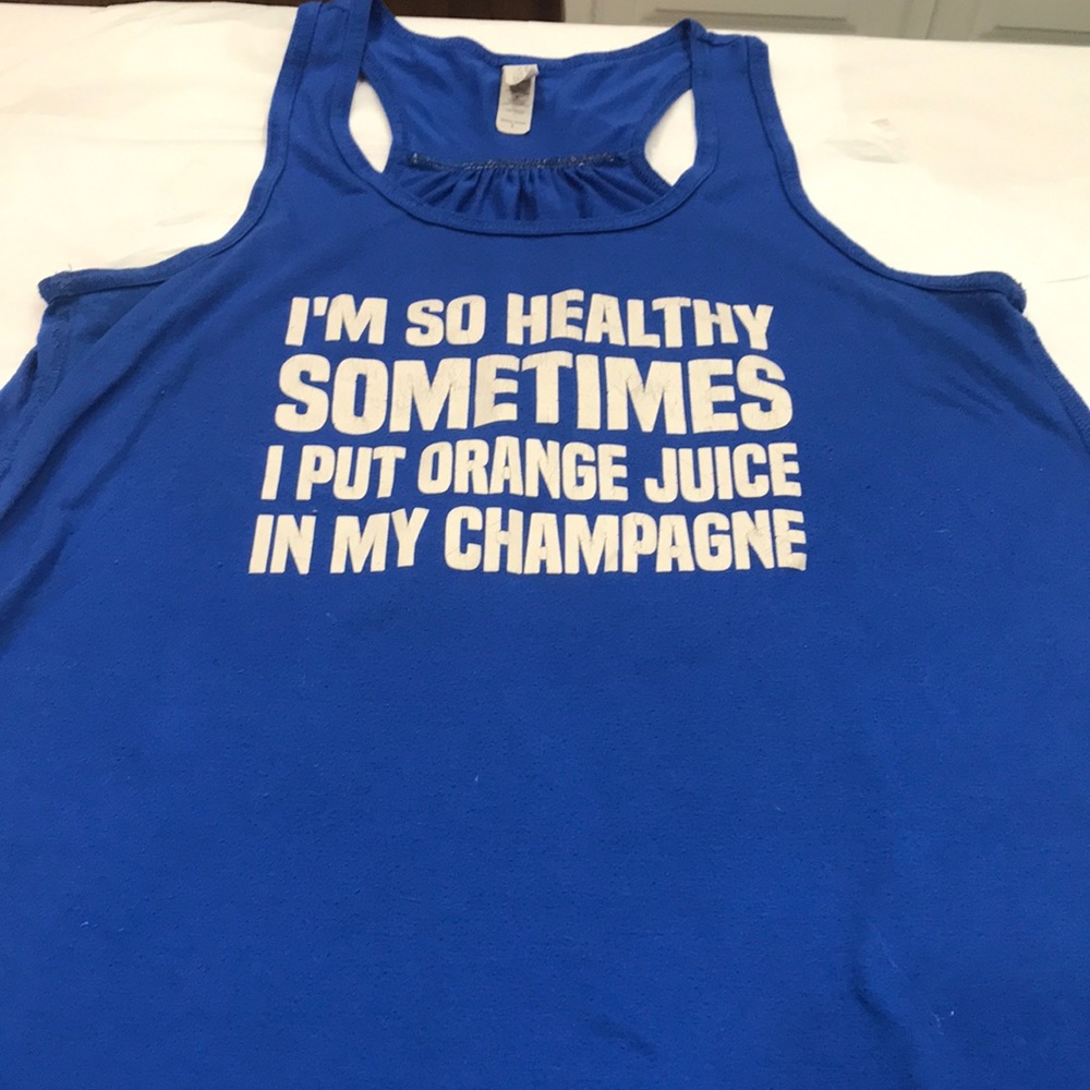 BELLA “Bella-canvas” SIZE LARGE  BEAUTIFUL BLUE W SCRIPT ON FRONT GREAT TOP